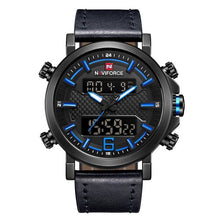 Chronographe Double-Horloge En Cuir Avec Eclairage Led Noir Bleu