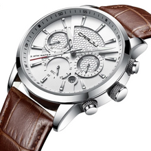 Chronographe En Cuir Pour Homme. Black leather strap watch with blue accents.