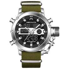 Fashionable double watch with built-in chronograph in silver and nylon strap.