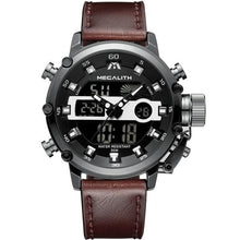 Double fashion watch with integrated chronograph in black leather