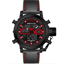 Fashionable double watch with integrated chronograph in red leather.