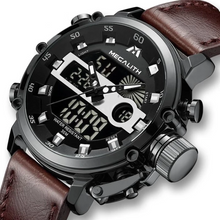 Fashionable double watch with built-in chronograph, featuring a sleek design in black leather with silver accents.