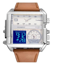 Double-Horloge Montre Homme En Cuir Sport Carrée Moderne Marron Blanc