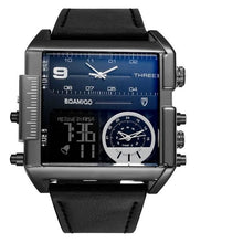 Double-Horloge Montre Homme En Cuir Sport Carrée Moderne Noir