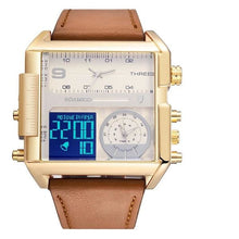 Double-Horloge Montre Homme En Cuir Sport Carrée Moderne Or Blanc