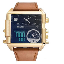 Double-Horloge Montre Homme En Cuir Sport Carrée Moderne Or Noir