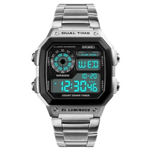 Double Horloge Numérique En Acier Pour Homme Argent