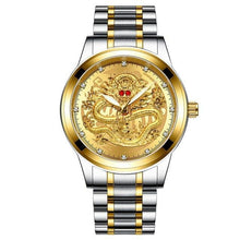 Steel quartz dragon watch with blue and black dial.
