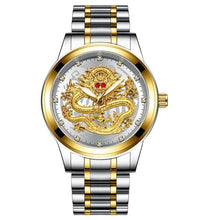 Steel quartz dragon watch on wrist.