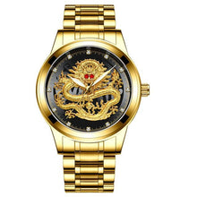 Dragon steel quartz watch on black leather strap.