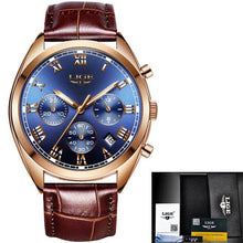 Montre Homme Classique En Cuir Cousu Avec Calendrier Bleu Or