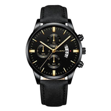 Stylish men's leather watch with date feature in black, silver, red, and white colors.