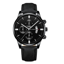 Men's leather chic date watch in black and silver with calendar feature, designed for a sporty look. Made of leather and metal materials.