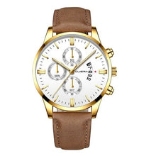 Men's chic leather watch with date feature, black strap, round dial, elegant design.