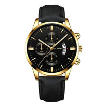 Men's leather chic dater watch in China, featuring a sleek design with date display. Black leather strap, round dial in dark color tones, and sporty style.