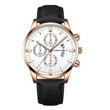 Montre homme cadran blanc avec boîtier doré rose et bracelet cuir noir, affichage dateur. - Kiorr™
