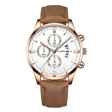 Man's leather chic date watch with a stylish design in China. Black leather strap with a silver case and dial, showcasing the date function.