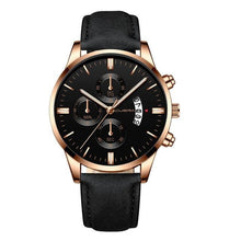 Stylish men's leather watch with date feature, in a chic design, in black color, made in China.