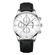 Stylish black leather men's watch with date function, elegant design.