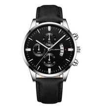 Men's stylish leather watch with date function in medium size, made in China. Timepiece features a chic design with a focus on elegance and functionality.