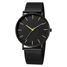 Montre unisexe noire en maille acier inoxydable avec cadran noir minimaliste et aiguilles dorées slim. - Kiorr™