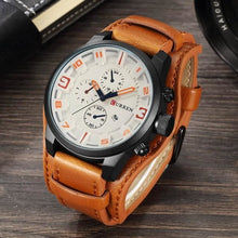 Montre Homme Grand Cadran Bracelet En Cuir Marron Blanc
