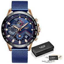 Montre Homme Luxe Décontracté Chronographe Etanche Bleu Rose Gold