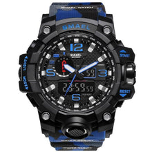 Montre sportive militaire étanche avec bracelet bleu camouflage et cadran noir multidisplay chronographe. - Kiorr™