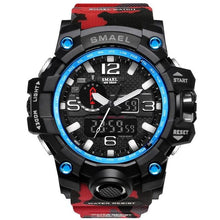 Montre militaire sport chronographe étanche avec bracelet camouflage rouge et noir, boîtier noir rond, cadran noir et bleu. - Kiorr™