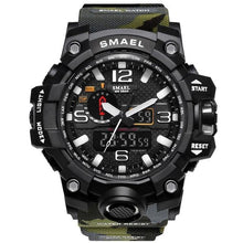 Montre militaire sport étanche noire avec cadran chronographe et bracelet camouflage vert militaire. - Kiorr™