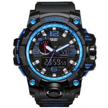 Montre militaire noire avec détails bleus, cadran chronographe digital et analogique, bracelet en silicone noir. - Kiorr™