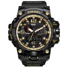 Montre militaire noire et or avec chronographe, large cadran numérique et analogique, bracelet robuste en silicone noir. - Kiorr™