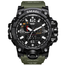 Montre militaire noire avec bracelet vert kaki, chronographe et affichage digital double. - Kiorr™