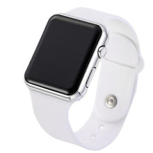Close-up of white sport smartwatch with silver frame and silicone strap, digital touchscreen display off.