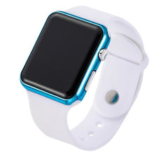 White sport smartwatch with metallic blue frame and digital touchscreen display isolated on white background.