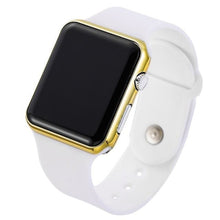 White sport digital smartwatch with gold-trimmed rectangular face and silicone strap.