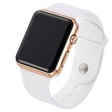 Close-up of white sport smartwatch with rose gold frame and digital touchscreen display angled to the right.