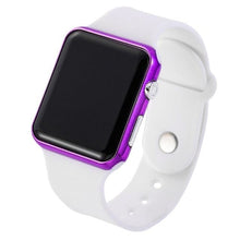 White sports band watch with purple metallic frame and digital touchscreen display angled left.
