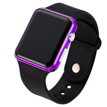 Black sport smartwatch with purple metallic frame and black silicone strap, digital touchscreen display.