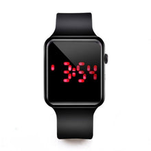 Black electronic sports watch with red digital LED time display and black silicone strap, sleek modern design.